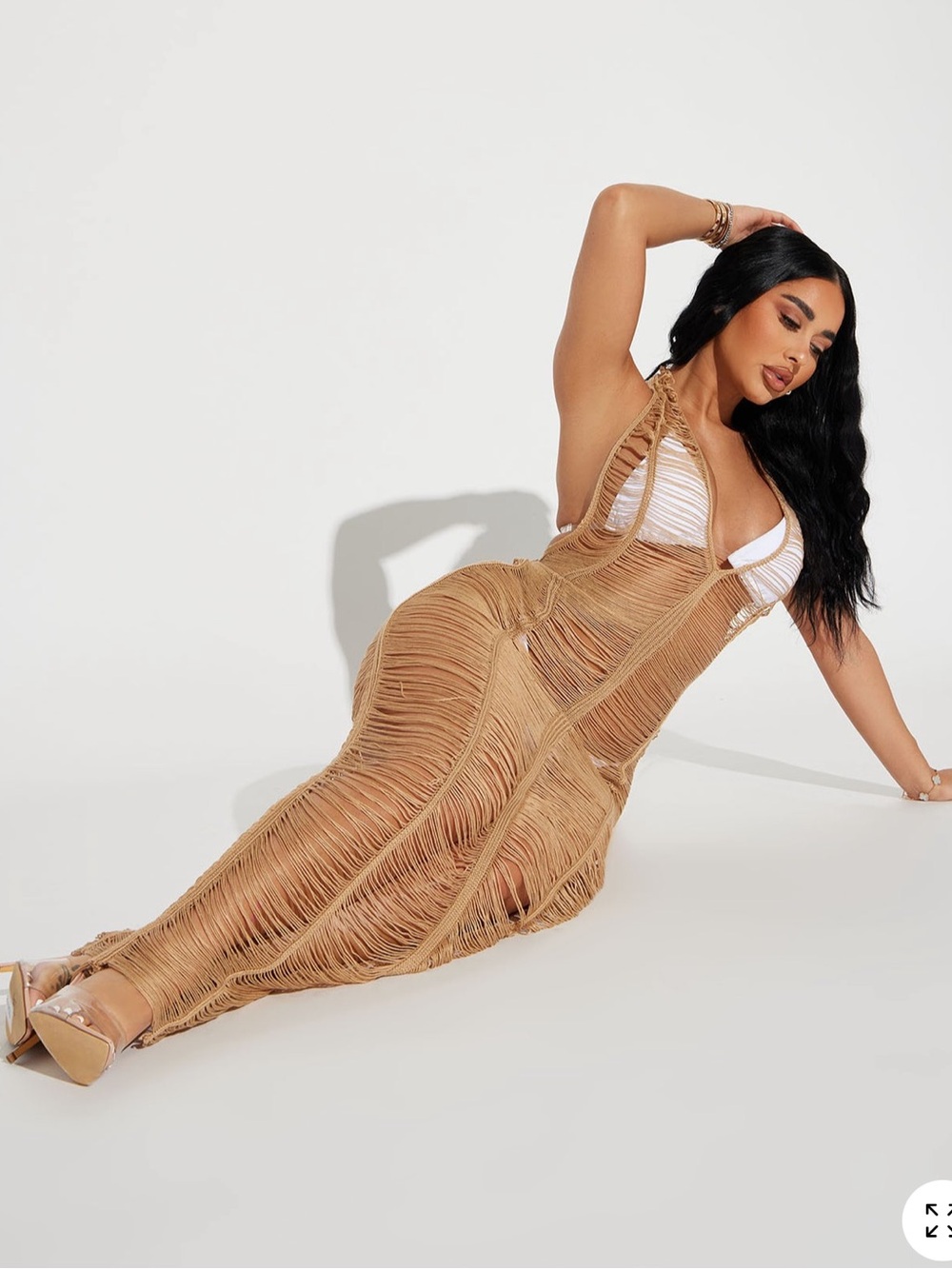 Fashion Nova Tan Open-Knit Fringe Halter Maxi Dress